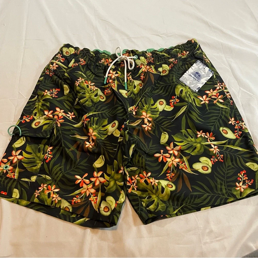 Havana Jim Mens Tropical Avocado Floral Swim Trunks Cargo Pocket Green Large NWT